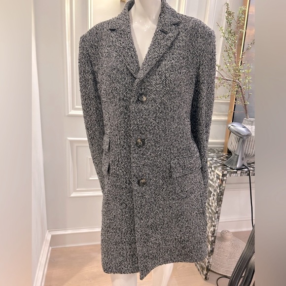 Wool Overcoat J Lindeberg Wolger CL Rock Tweed Top Coat with Leather Accents - Picture 3 of 16